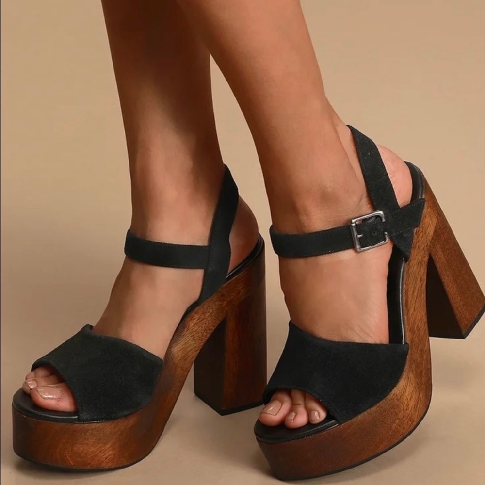 Lolita black suede leather wooden platform heels
